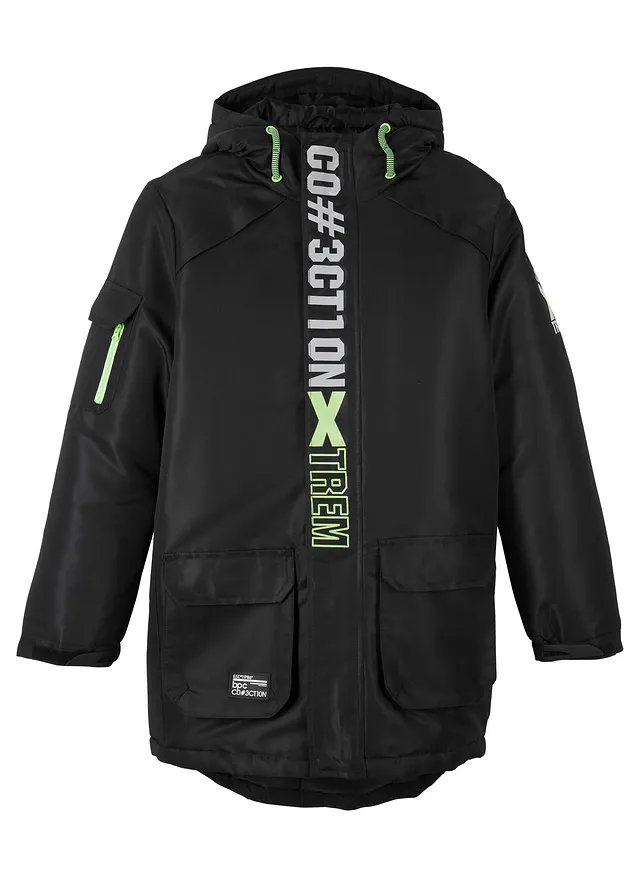 Parka d’hiver à capuche et détails sportifs • noir imprimé • Boutique bonprix