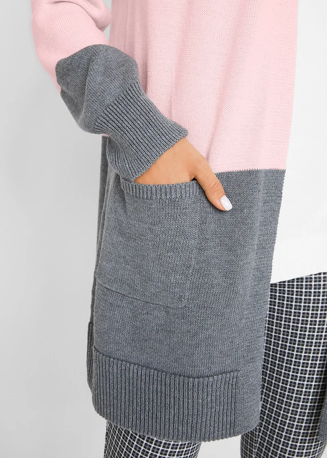 Wijd vest, lange mouw • wolwit-grijs gemêleerd-lichtroze horizontaal gestreept • product-page.page-title-suffix