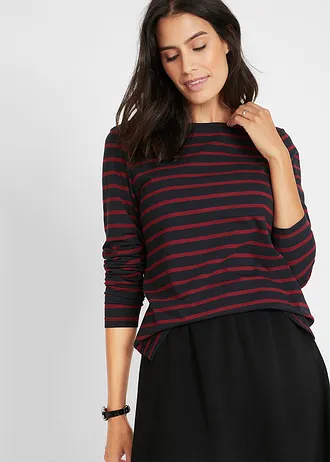 Bluză cu mâneci lungi și decolteu bărcuță (set/2 buc.) • negru + roșu-rubiniu/negru cu dungi • magazin bonprix