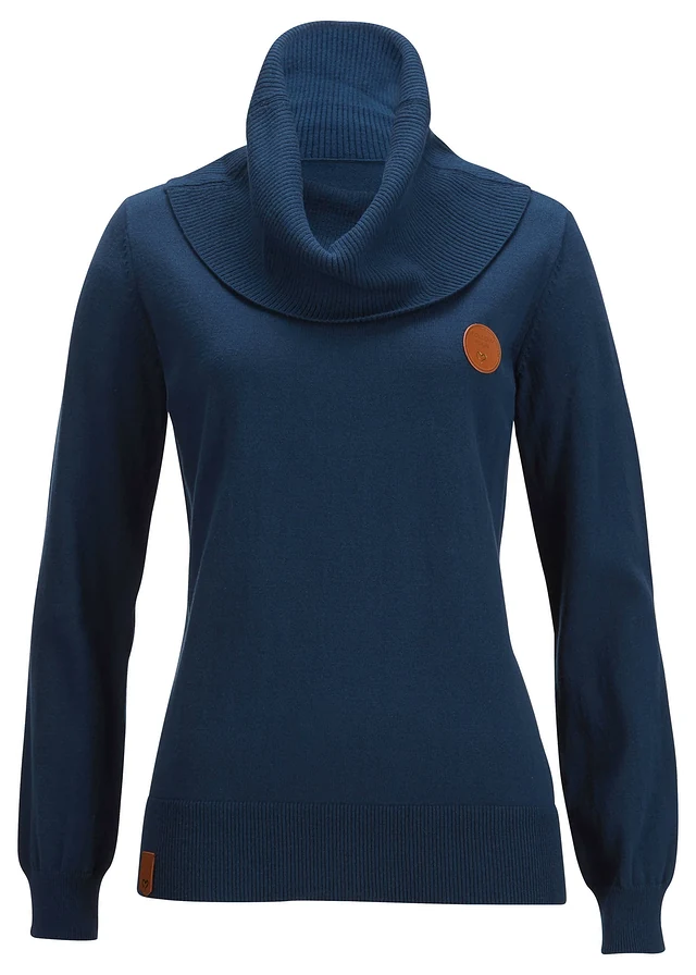 Fijn gebreide trui met wijde kraag, Kleur: donkerblauw