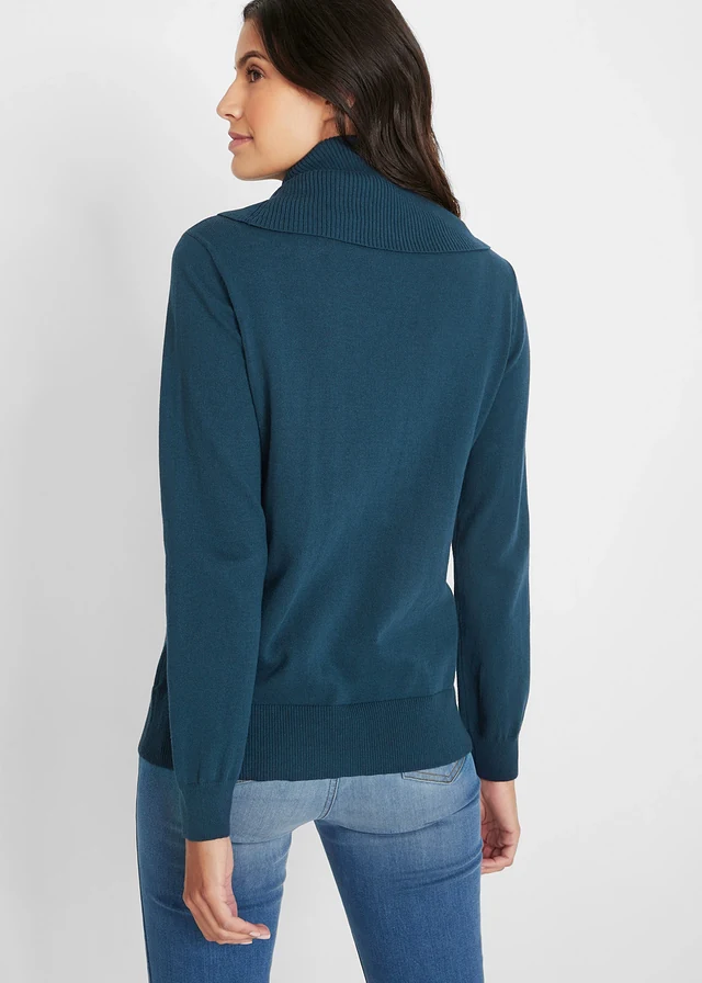 Fijn gebreide trui met wijde kraag, Kleur: donkerblauw