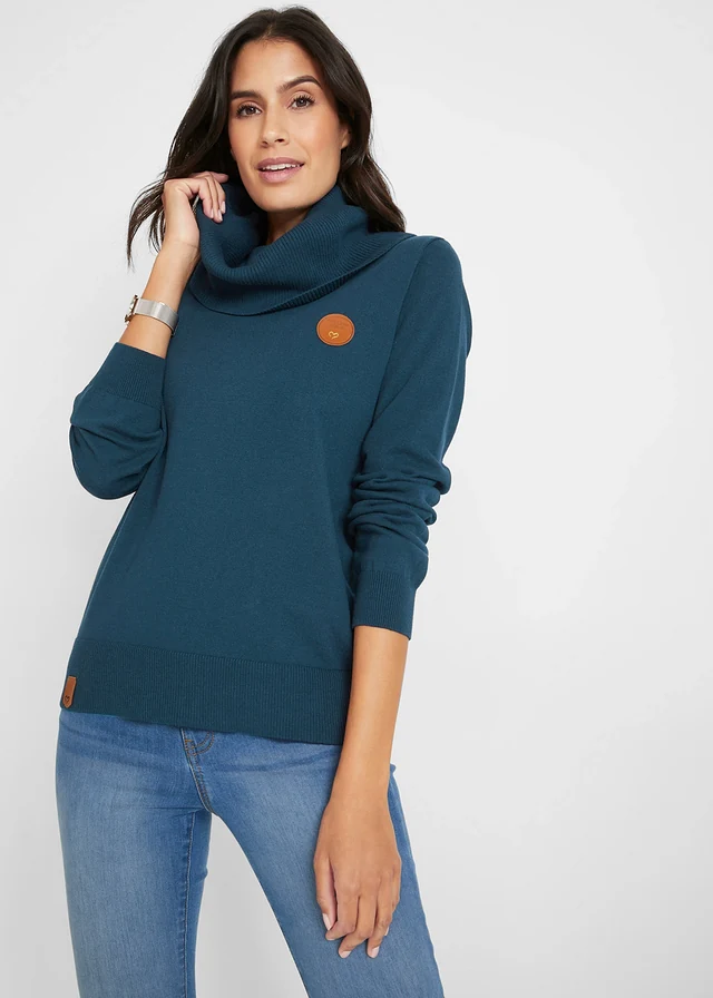 Pull en fine maille à col boule, Couleur: bleu foncé
