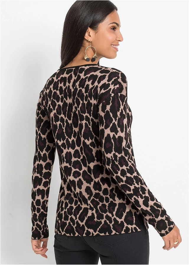Pulover din tricotaj fin • imprimat leo bej • magazin bonprix
