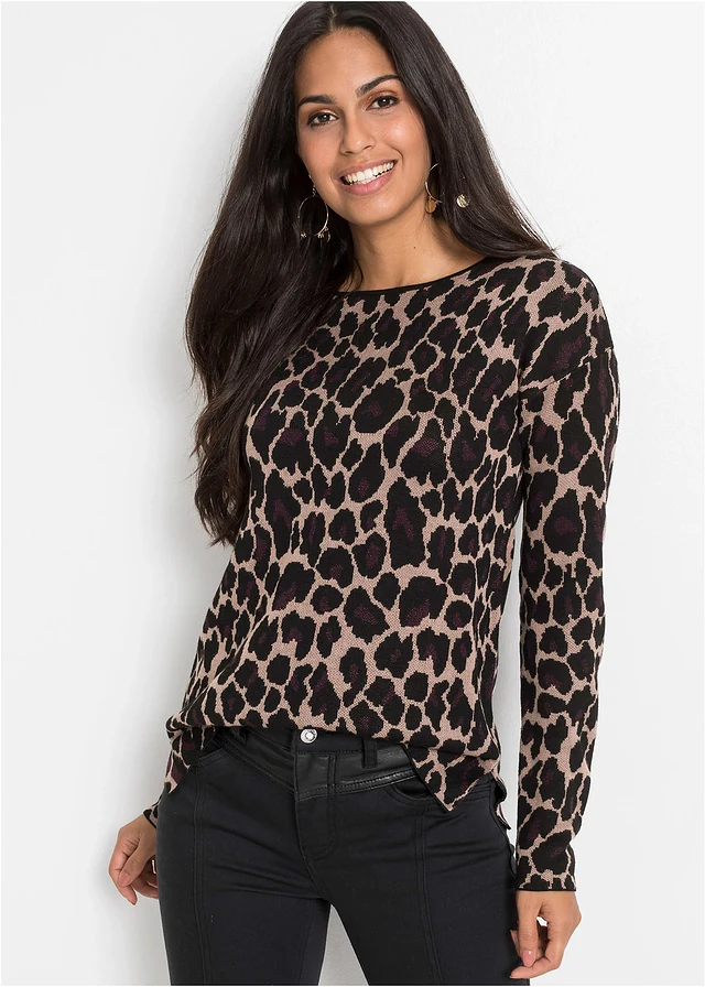 Pulover din tricotaj fin • imprimat leo bej • magazin bonprix