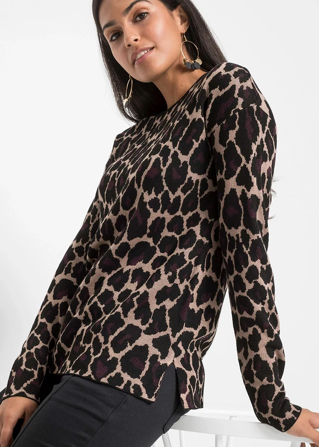 Pulover din tricotaj fin • imprimat leo bej • magazin bonprix