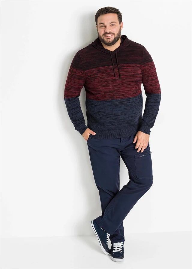 Pull regular en fine maille à capuche, Couleur: rouge-bleu chiné