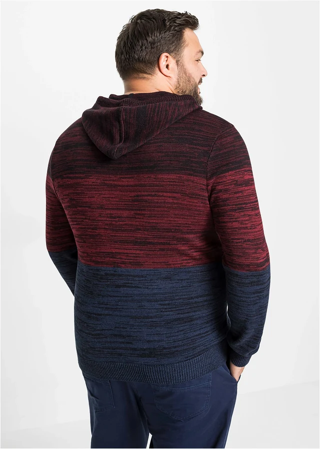 Pull regular en fine maille à capuche, Couleur: rouge-bleu chiné