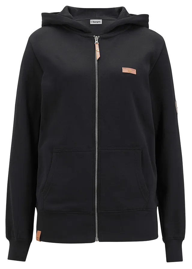 Sweat zippé à capuche, 100% coton, Couleur: noir
