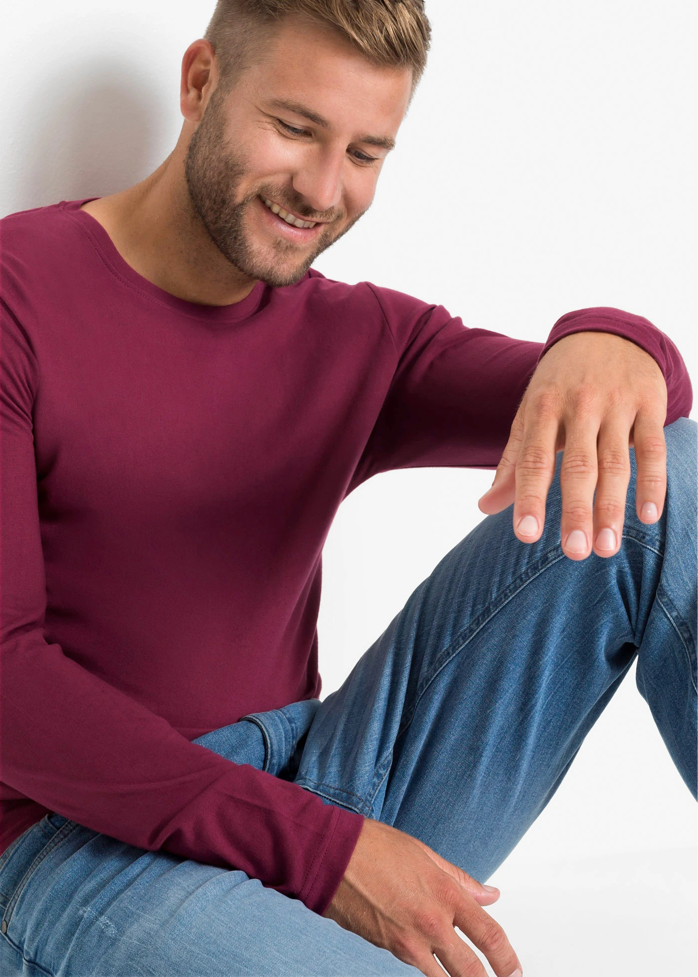 Tričko s dlouhým rukávem (3 ks v balení) • světle šedý melír + tmavě modrá +  rododendronově červená • bonprix obchod