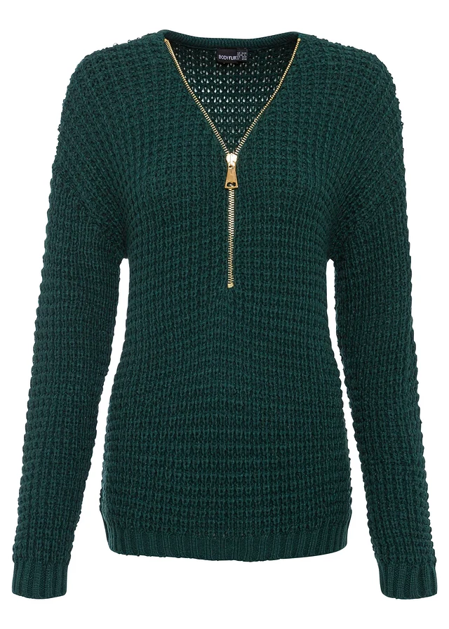 Pull en grosse maille avec zip, Couleur: vert profond