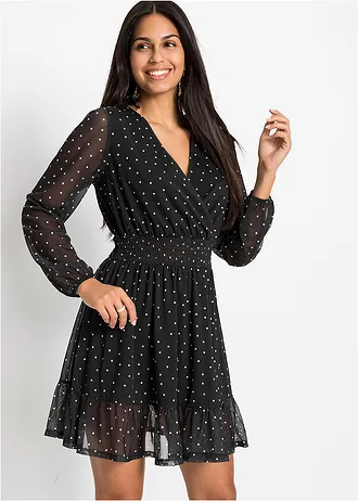 Robe courte à volant • pois noir - écru • Boutique bonprix