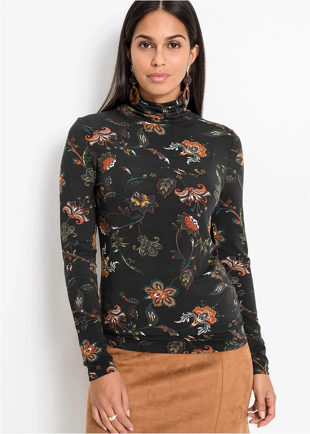 Longsleeve met rolkraag, Kleur: zwart gebloemd