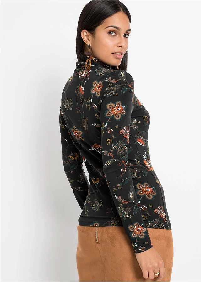 Longsleeve met rolkraag, Kleur: zwart gebloemd