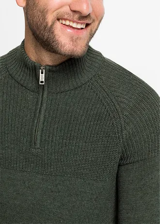 Pull camionneur doux en coton mélangé • vert foncé chiné • Boutique bonprix