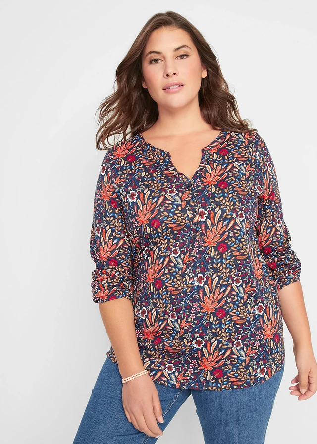 Shirt tuniek met print, lange mouw, Kleur: mat oranje gebloemd