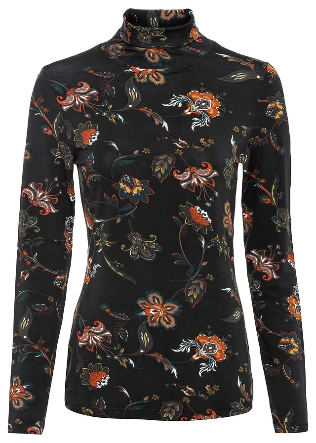 T-shirt manches longues à col roulé, Couleur: noir à fleurs