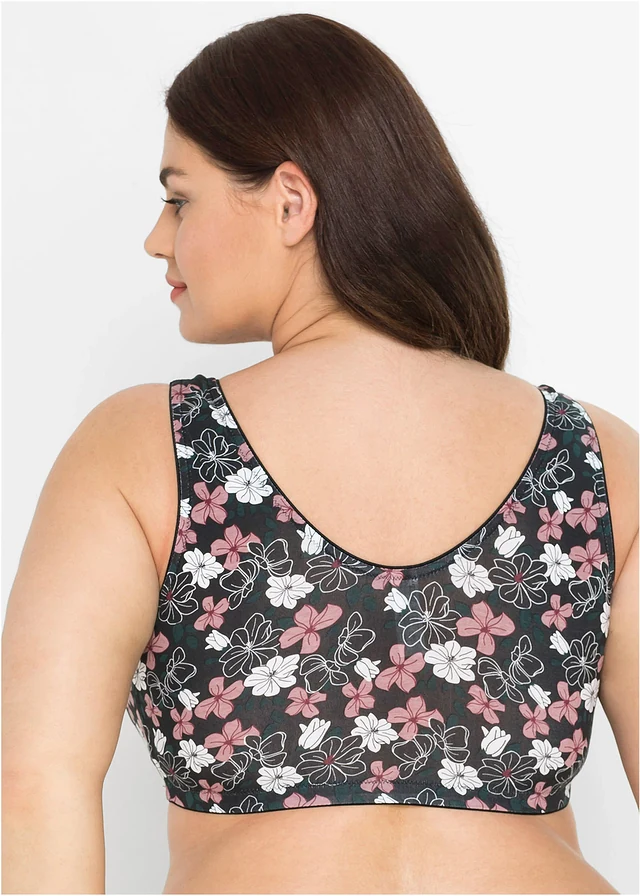 Lot de 2 soutiens-gorge coton agrafage devant, sans armatures, Couleur: noir floral + noir