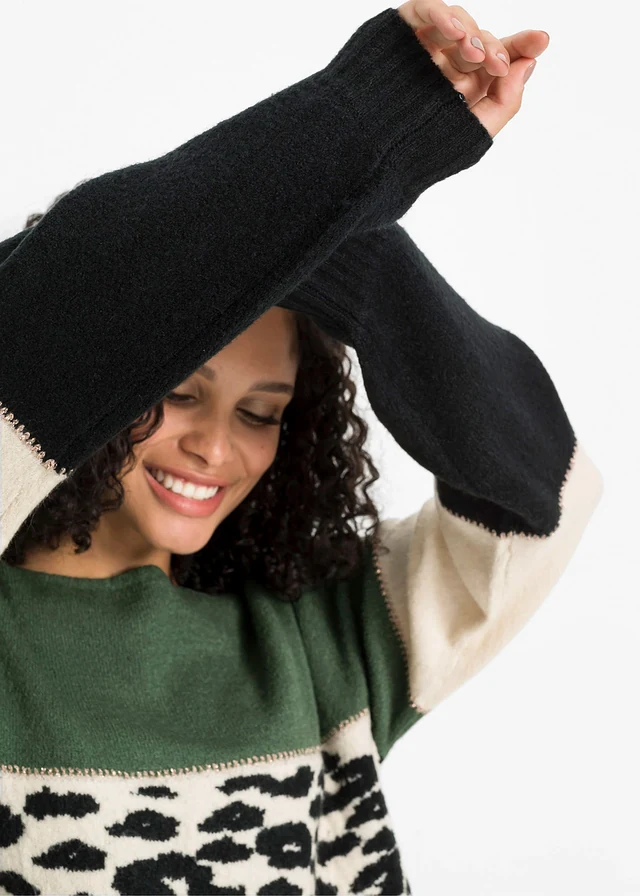 Pull oversize • noir/vert clair/crème léopard • product-page.page-title-suffix