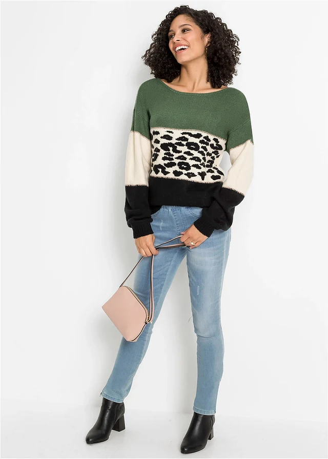 Oversized trui, Kleur: zwart-lichtgroen-crème luipaardprint