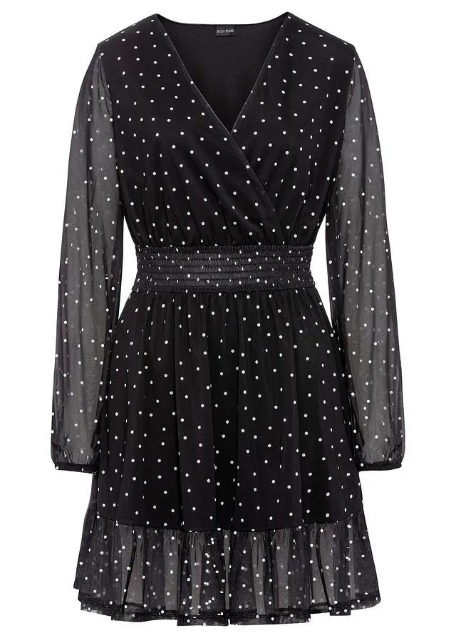 Robe courte à volant • pois noir - écru • Boutique bonprix