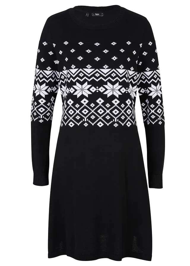 Robe en maille à motif norvégien, Couleur: noir/blanc motif norvégien