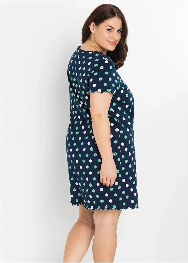 Chemise de nuit en coton, Couleur: bleu foncé pois