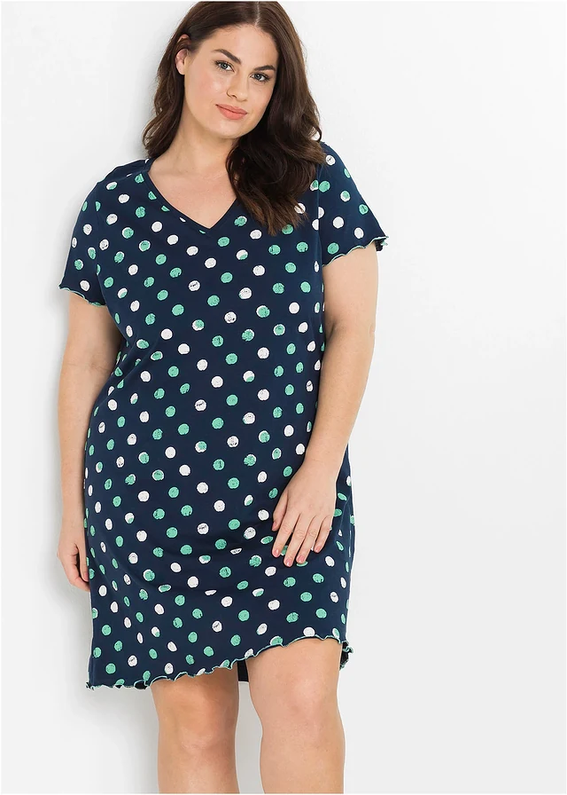 Chemise de nuit en coton, Couleur: bleu foncé pois