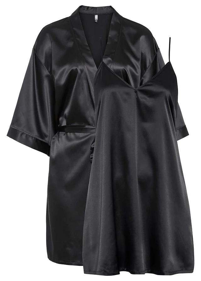 Kimono en slipdress (2-dlg. set), Kleur: zwart