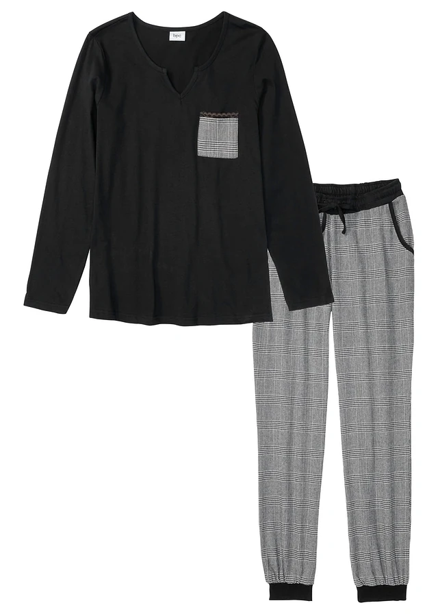 Pyjama avec pantalon en flanelle, Couleur: noir carreaux