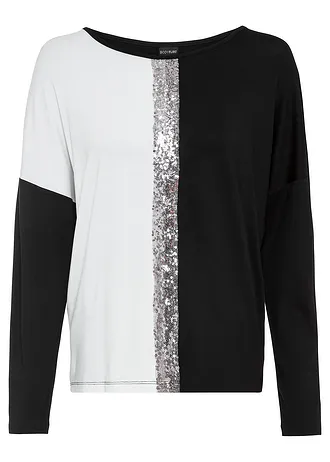 Shirt met pailletten, Kleur: zwart/wolwit/zilverkleur