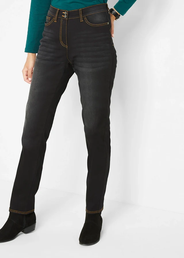 Jean droit taille mi-haute élastiquée, doublure chaude • noir denim • product-page.page-title-suffix