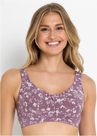Podprsenka bez kostic, s organickou bavlnou  (2 ks v balení), barva: matně levandulová s květy + bílá s květy