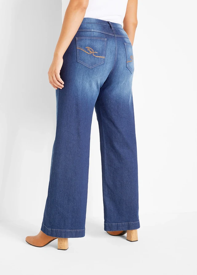 Jean large taille mi-haute élastiquée, Couleur: bleu denim used