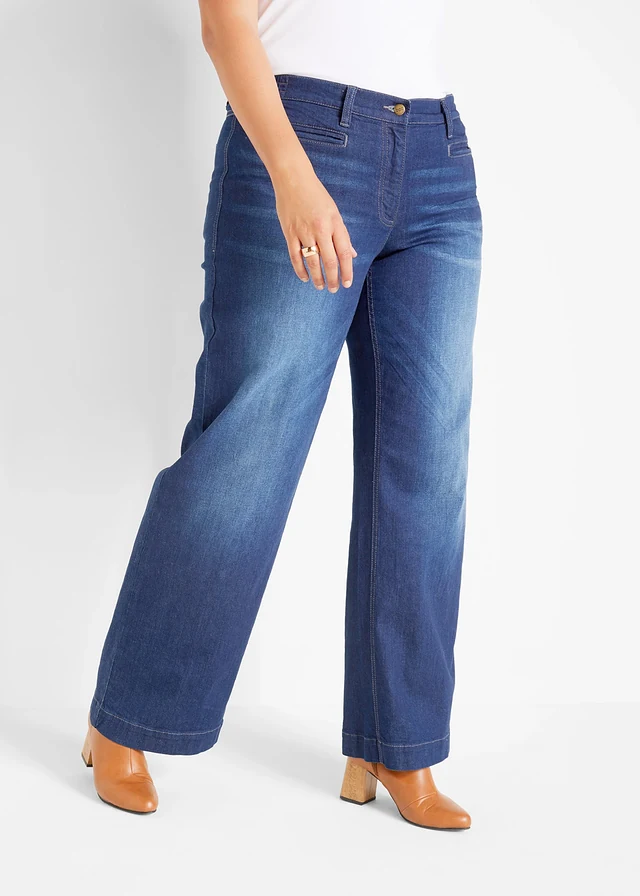 Jean large taille mi-haute élastiquée, Couleur: bleu denim used