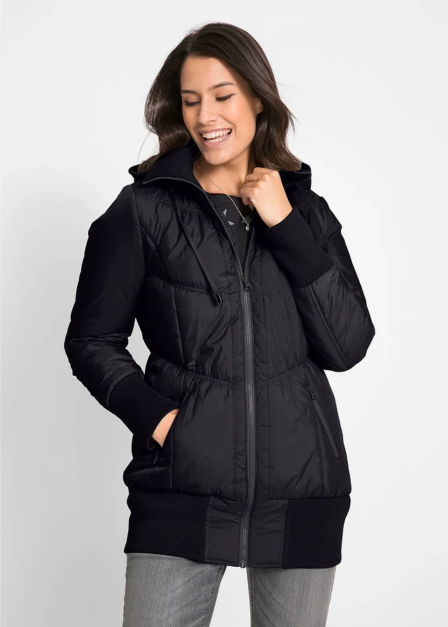 Veste matelassée à finitions élastiquées et capuche, Couleur: noir