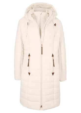 Lange gewatteerde jas, 2-in-1 look, Kleur: natuurbeige