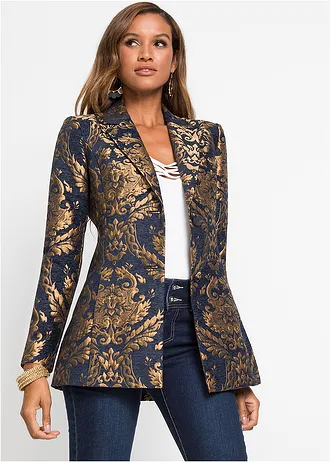 Korte coat van gouden jacquard, korte maten • blauw - goudkleur • bonprix online shop