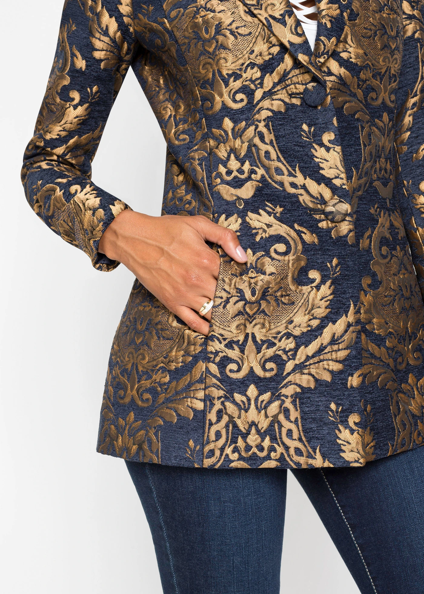 Blazer in glanzend jacquard • donkerblauw/goudkleur met print • bonprix online shop