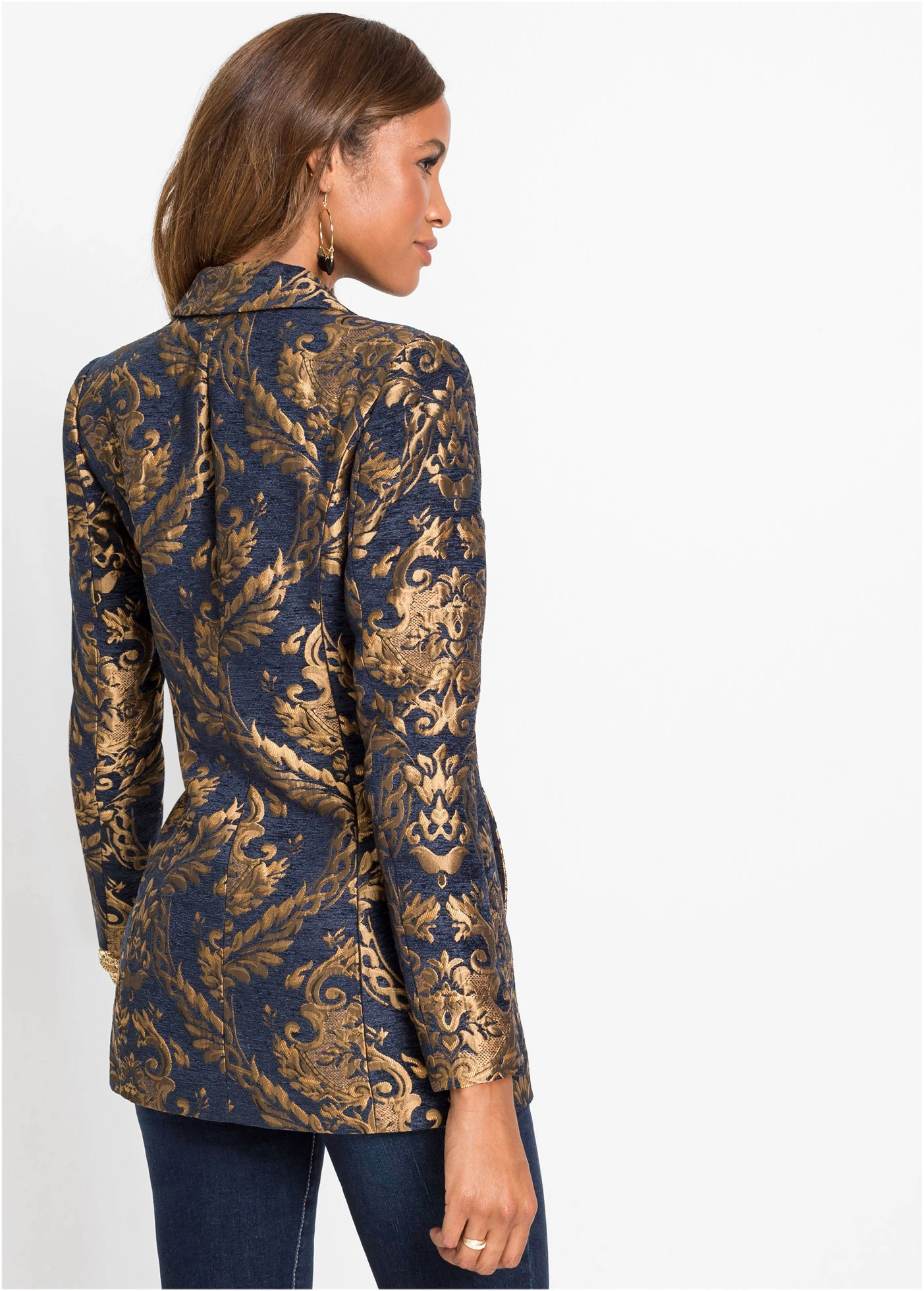 Blazer in glanzend jacquard • donkerblauw/goudkleur met print • bonprix online shop