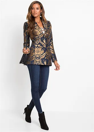 Blazer din jacquard strălucitor, culoare: bleumarin/auriu grafic