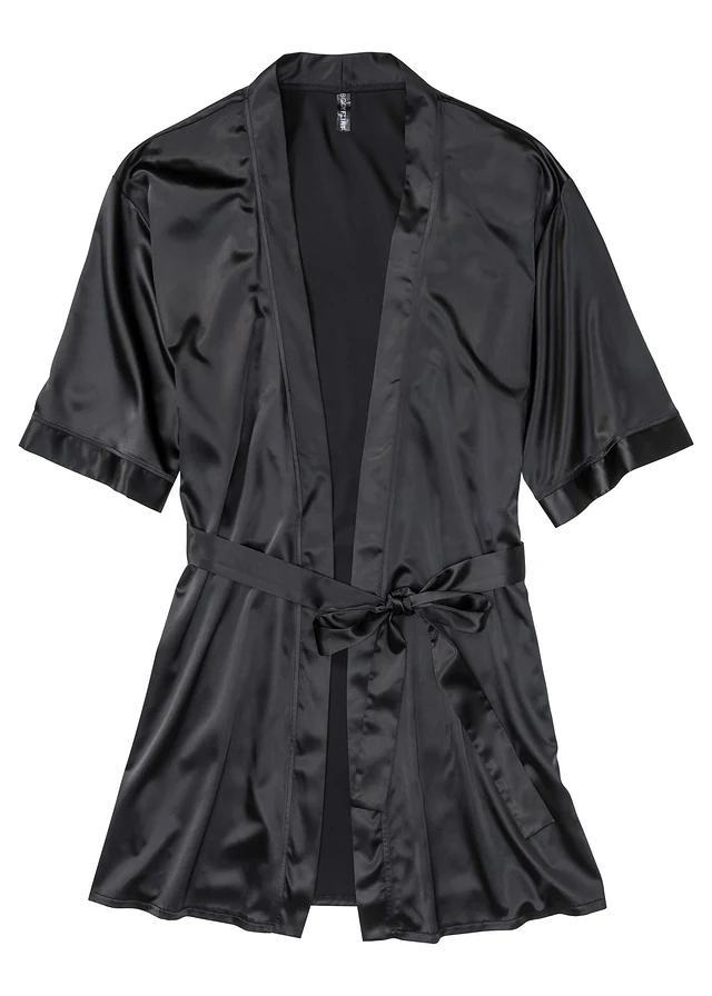 Kimono en slipdress (2-dlg. set), Kleur: zwart