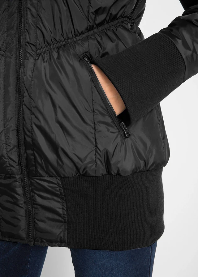 Veste matelassée à finitions élastiquées et capuche, Couleur: noir