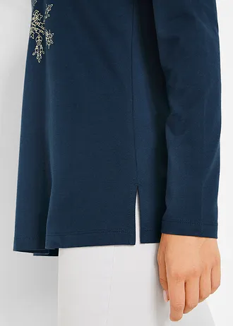 T-shirt manches longues coton à imprimé flocon de neige métallique • bleu foncé-doré • Boutique bonprix