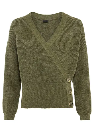 Sweter oversize z dekoltem kopertowym • oliwkowy melanż • sklep bonprix