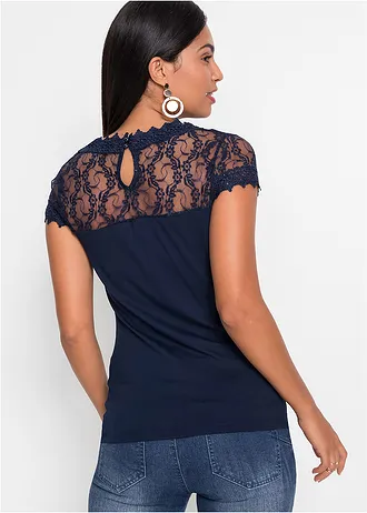 Shirt met kant van viscose • donkerblauw • bonprix online shop