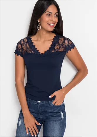 Shirt met kant van viscose • donkerblauw • bonprix online shop