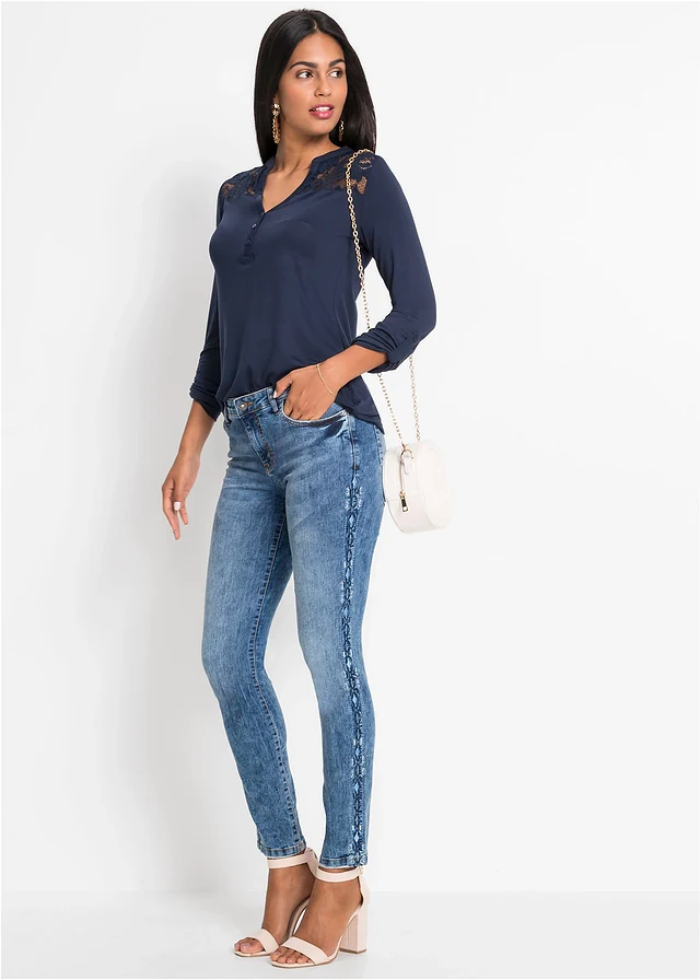 Skinny stretch jeans met mid waist, Kleur: blauw denim