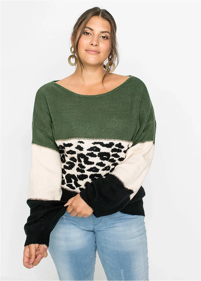 Pull oversize, Couleur: noir/vert clair/crème léopard