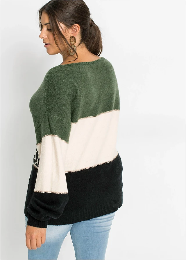 Oversized trui, Kleur: zwart-lichtgroen-crème luipaardprint