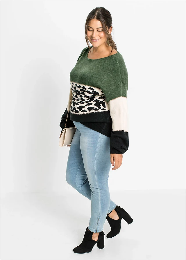Pull oversize, Couleur: noir/vert clair/crème léopard